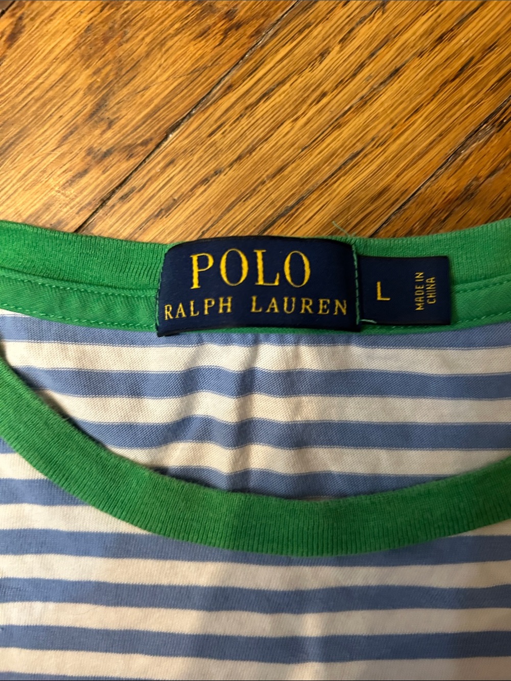 Polo by Ralph Lauren White & Blue Striped Tee with Green Neck Trim - Picture 2 of 7
